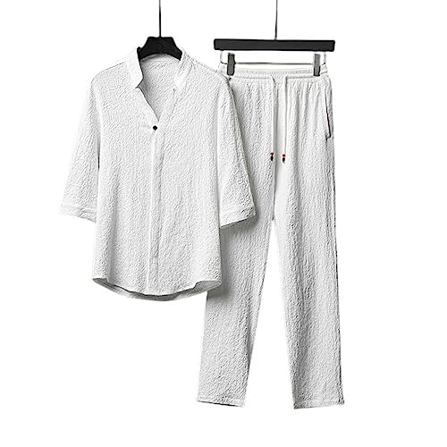 NOGRAX Herren T-Shirt Chinesische Stil Ice Seide Leinen Zweiteiliger Anzug Sommer Dünne Kurzarm T -Shirt Plus Größe Hosen Übergroße Kleidung Männer-White,5XL von NOGRAX