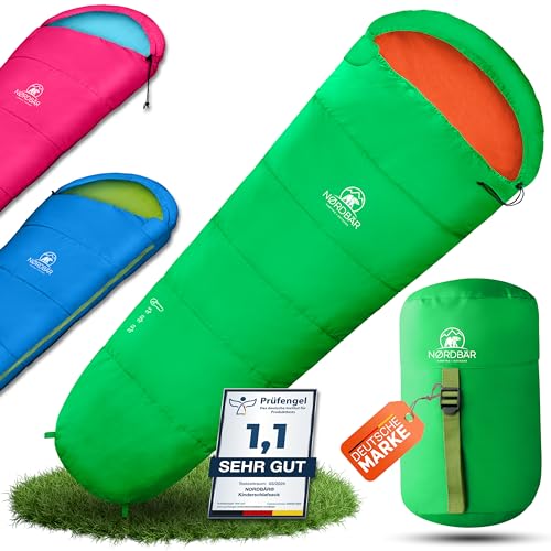 NORDBÄR® Kinderschlafsack für Jungs & Mädchen [175 x 70 x 45 cm] | Innenfutter aus 100% Baumwolle | Mumienschlafsack leicht & warm | Kinder Outdoor Schlafsack [1200g] | Camping Kinderschlafsäcke von NORDBÄR