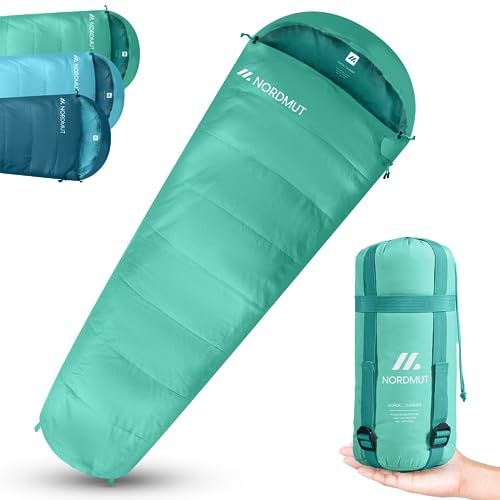 NORDMUT® Sommerschlafsack Ultraleicht & kompakt [100 GSM] Komfortabler Schlafsack kleines Packmaß | Sleeping Bag koppelbar | Mumienschlafsack [900g] ideal für Outdoor, Camping und Reisen von NORDMUT