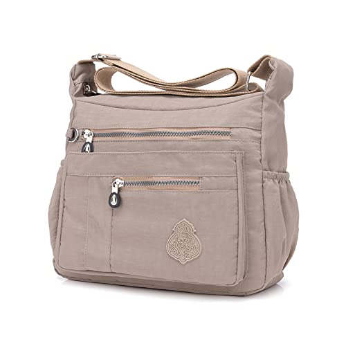 NOTAG Umhängetasche Damen, Casual Schultertasche Mehrere Taschen Leichte Handtasche Wasserdicht Nylon Messenger Bag Reisetasche (Beige) von NOTAG