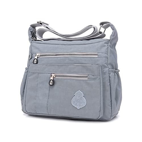 NOTAG Umhängetasche Damen, Casual Schultertasche Mehrere Taschen Leichte Handtasche Wasserdicht Nylon Messenger Bag Reisetasche (Hellgrau) von NOTAG