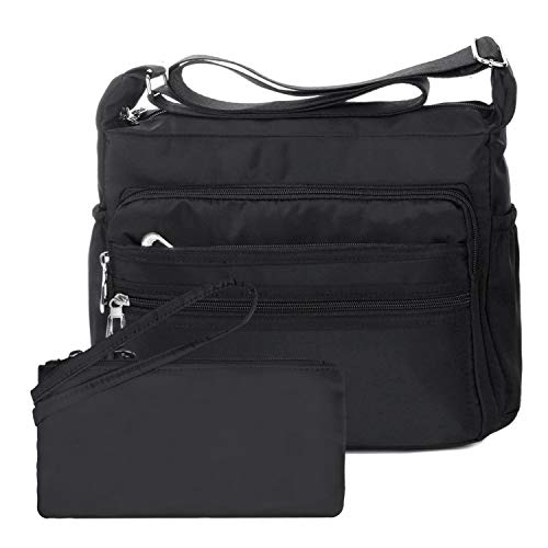 NOTAG Umhängetasche Damen, Wasserdicht Nylon Schultertasche Mehrfachtasche Handtasche mit RFID Geldbörse (L, Schwarz) von NOTAG