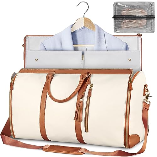 Convertible Carry on Garment Bags for Women, Garment Bags for Travel, 2 in 1 Foldable PU Leather Duffle Bag, Suit Carry On Garment Bag (beige) von NOTRYA