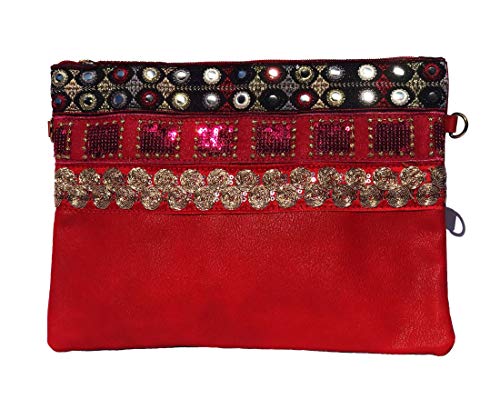 NOVAGO Makeup Pouch, Mehrzweckbeutel, Handtasche, IPad Tablet Tasche mit Schultergurt und handgemachter Dekoration (Rot) von NOVAGO