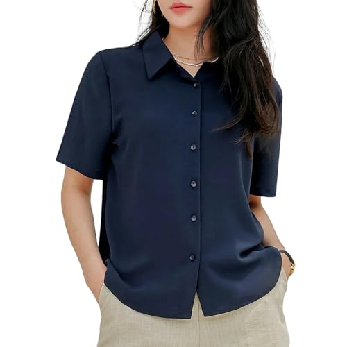 NSLFA T Shirt Damen Damens Sommer Revers Kurzärmelig Schlankes Lässiges Vielseitiges Hemd Bequemes Dünnes Modisches Top-blau-s (40-50) Kg von NSLFA