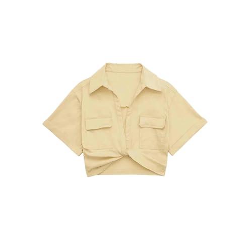 NSLFA T Shirt Damen Frauen Mode Frontknoten Leinen Geschnittene Hemden Vintage Short Sleeve Patch Taschen Blusen Schicke Tops-b-xs von NSLFA