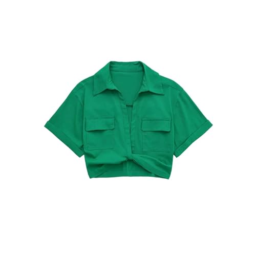 NSLFA T Shirt Damen Frauen Mode Frontknoten Leinen Geschnittene Hemden Vintage Short Sleeve Patch Taschen Blusen Schicke Tops-f-l von NSLFA