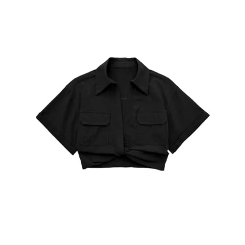 NSLFA T Shirt Damen Frauen Mode Frontknoten Leinen Geschnittene Hemden Vintage Short Sleeve Patch Taschen Blusen Schicke Tops-g-m von NSLFA