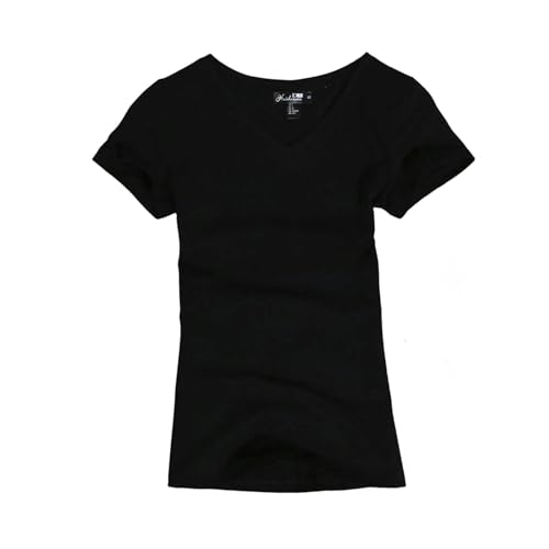 NSLFA T Shirt Damen Frauen T-Shirt Lässige Frauen Kurzärmelig Schlankes Feste Farbe Einfaches Reine T-Shirt-t-Shirt-schwarz V-m von NSLFA