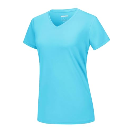 NSLFA T Shirt Damen Sommer Sonnenschutz V-Ausschnitt T-Shirts Damen Kurzarm T-Shirts Atmungsfreie Leichte Schnelle Trockene Hemden Tops-eisblau- XL von NSLFA