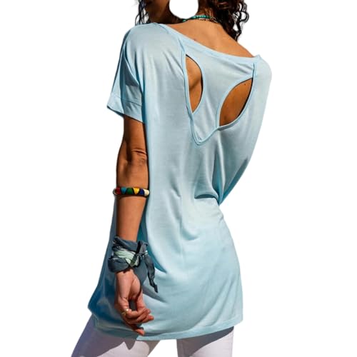 NSLFA T Shirt Frauen Rücken Open Sport Fitness T -Shirt Rückenfreiem Atmungsaktivem Kurzarm Schlankem T -Shirt -Ausschnitt Tops-Blau-S von NSLFA