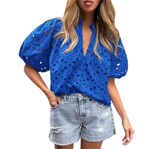 NSLFA T Shirt Single Breace-Shirt Frauen Sommertife V-Ausschnitt Laternenhemd Hemd-Blau-L von NSLFA