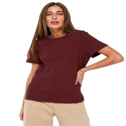 NSLFA T Shirt Sommer-Frauen-T-Shirt-Boden-Basis-Lady Kurzarm Lose Tops Shirts Tops-Ahornrot-XL von NSLFA