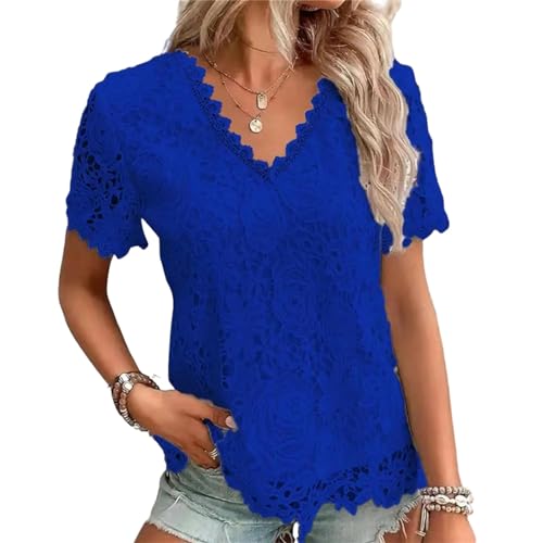 NSLFA T Shirt Sommerfrauen V-Ausschnitt Crop Tops Kurzarm Ruffle T-Shirt T-Shirt Femme Outwear Tee T-Shirt-Blau-XL von NSLFA