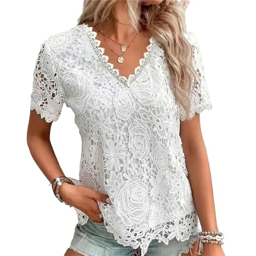 NSLFA T Shirt Sommerfrauen V-Ausschnitt Crop Tops Kurzarm Ruffle T-Shirt T-Shirt Femme Outwear Tee T-Shirt-Weiß-L von NSLFA