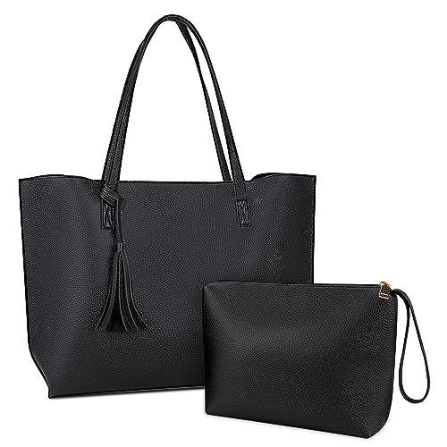 NUBILY Handtaschen Damen Shopper Damen Groß Schwarz Leder Umhängetasche Henkeltasche 2PCS Set Einfach Tote Bag Schultertasche für Schulgeschäft und Reisen von NUBILY