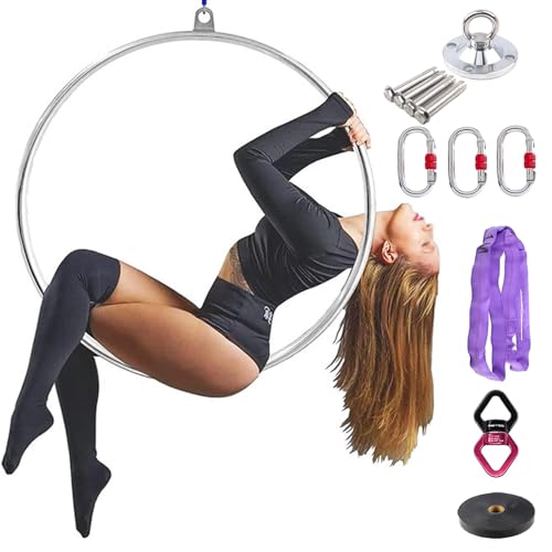 Aerial Hoop Einzelpunkt-Luftreifen für Erwachsene, Lyra-Hoop-Set für Luftfitnessgeräte, Hängender Aerial-Yoga-Ring für Heimübungen, Zirkusringe, Anfänger (Color : Silver, Size : Diameter 80cm(31 1/2 von NUNETH