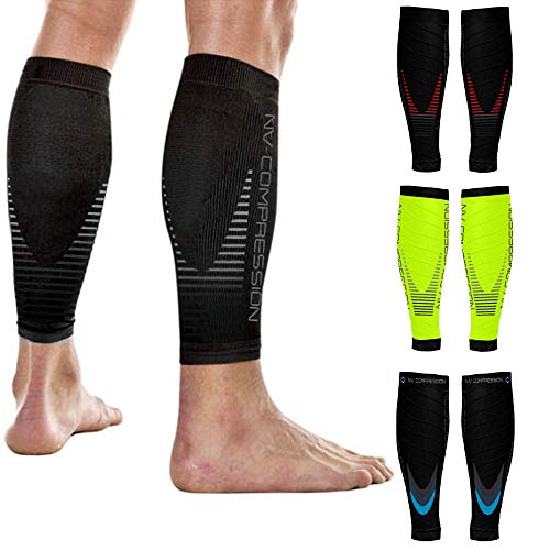 NV Compression Race and Recover Fußlose Kompressionsstrümpfe - Wadenstütze Kompression Compression Calf Sleeves (Blk/Blue Stripes, S-M) von NV Compression