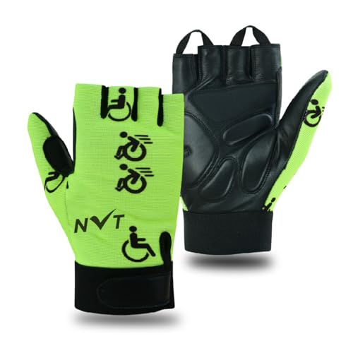NVT Rollstuhl-Handschuhe 2023, Workout für Herren, echtes Leder, Handfläche, gepolstert, atmungsaktiv, fingerlos, Fahrrad mit Anti-Rutsch-Griff, leichter Fahrradhandschuh. (fluoreszierendes Gelb, von NVT