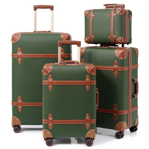 NZBZ Vintage-Gepäck-Sets mit 4 Stück, niedlicher Koffer mit rollenden Spinner-Rädern, TSA-Schloss, Gepäck 35,6 cm + 50,8 cm + 61 cm + 71,1 cm, dunkelgrün, Reißverschluss Vintage Gepäck von NZBZ
