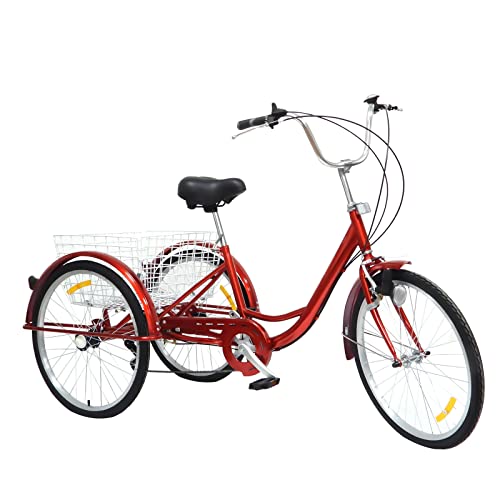 NadineDutol 24" 6-Gang-Dreirad für Erwachsene, Senioren-Einkaufs-Lastenrad, Freizeit-Cruiser mit Einkaufskorb und Rückenlehne, geeignet für Männer und Frauen (Rot) von NadineDutol