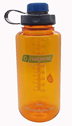 Nalgene Flasche 'Everyday Weithals' - 1 L mit 'capCAP'-Deckel (Clementine, mit Namensgravur, Deckel blau) von Nalgene