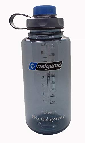 Nalgene Flasche 'Everyday Weithals' - 1 L mit 'capCAP'-Deckel (Grau, mit Namensgravur, Deckel blau) von Nalgene