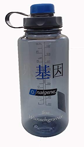 Nalgene Flasche 'Everyday Weithals' - 1 L mit 'capCAP'-Deckel (Grau Chinese, mit Namensgravur, Deckel blau) von Nalgene