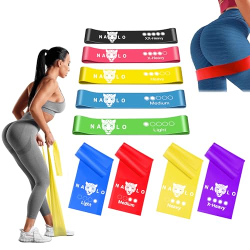 Nalo® Fitnessband-Set: 4er-Set-Latex-Therabänder 1,5m & 5 Mini-Resistance Bänder – Diverse Widerstände für Gymnastik, Fitness, Pilates & Yoga. Inkl. Anti-Riss-Garantie & Tragetasche.Männer und Frauen. von Nalo