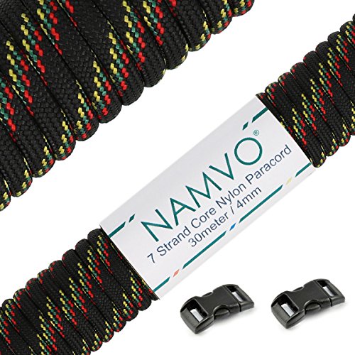 Namvo 550 Paracord Mil Spec Typ III 7 Strang Fallschirm Schnur Gesamtlänge 100ft / 30 Meter, Schwarzer und roter grüner gelber Punkt von Namvo