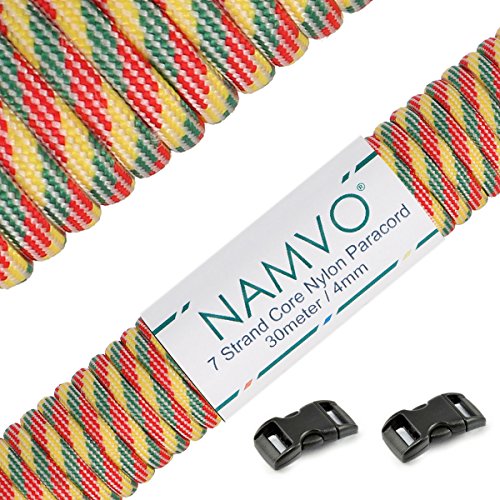 Namvo 550 Paracord Mil Spec Typ III 7 Strang Fallschirm Schnur Gesamtlänge 100ft / 30 Meter, Streifen, gelbgrün rot von Namvo