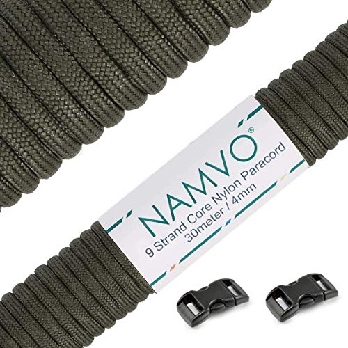 Namvo Mil Spec Type III Nylon Parachute Cord, 9 Inner Strands Strong Breaking Strength 4mm Diameter 100 Feet 550 Paracord Olive Green von Namvo