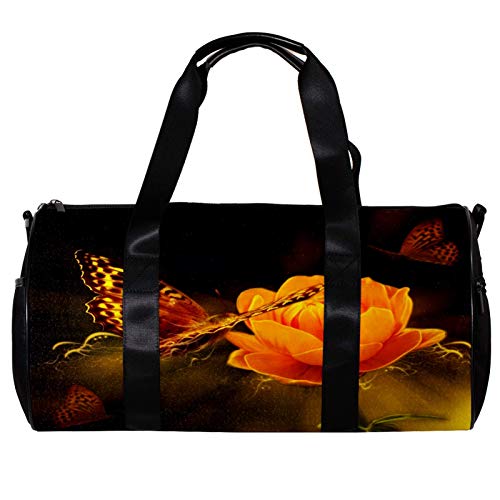 Runde Sporttasche mit abnehmbarem Schultergurt, Blumen-Design, Orange, Schmetterling, Trainingstasche für Damen und Herren von Nananma