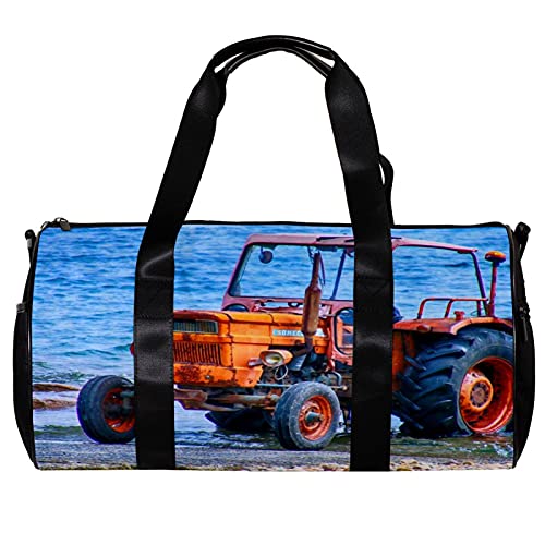 Runde Sporttasche mit abnehmbarem Schultergurt, Traktor, blaues Meer, Trainings-Handtasche für Damen und Herren von Nananma