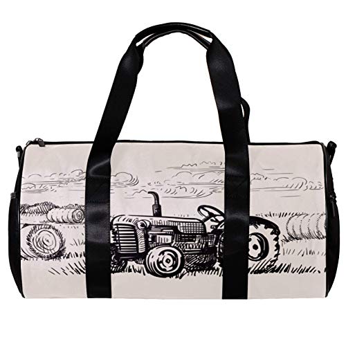 Runde Sporttasche mit abnehmbarem Schultergurt, alter Traktor mit ländlicher Szene, Trainings-Handtasche für Damen und Herren von Nananma