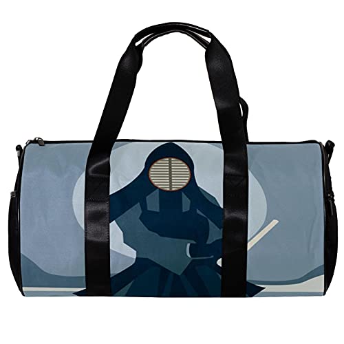 Runde Sporttasche mit abnehmbarem Schultergurt, ein Mann mit Kendo-Anzug hält sein Kendo-Schwerttraining, Handtasche, für Damen und Herren von Nananma