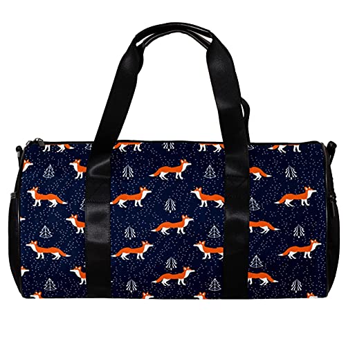 Runde Sporttasche mit abnehmbarem Schultergurt, orangefarbenes Fuchs-Muster, marineblau, Trainings-Handtasche für Damen und Herren von Nananma
