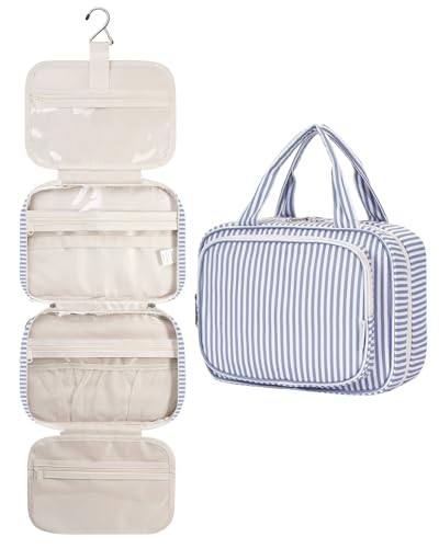 Narwey Kulturbeutel Damen Kulturtasche zum Aufhängen Waschtasche Kosmetiktasche Groß Waschbeutel Kosmetik-Organizer für Damen Mädchen(Graublauer Streifen (Medium)) von Narwey
