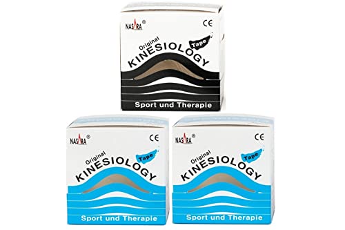 Nasara® Original Kinesiology Kinesiologie Tape 5cmx5m, 3 Rolls Set (2 Blau + 1 Schwarz) von Nasara