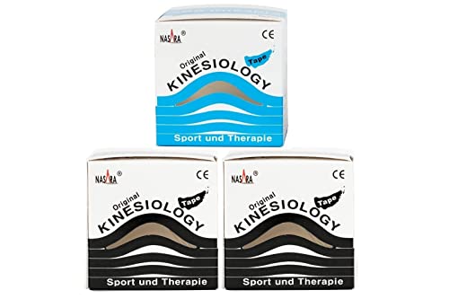Nasara Original Kinesiologisches Physio Sport Tape: Sparset mit 3 Tapes (1x türkis und 2x schwarz) für Sport und Medizin, Rollengröße 5cm x 5m von Nasara