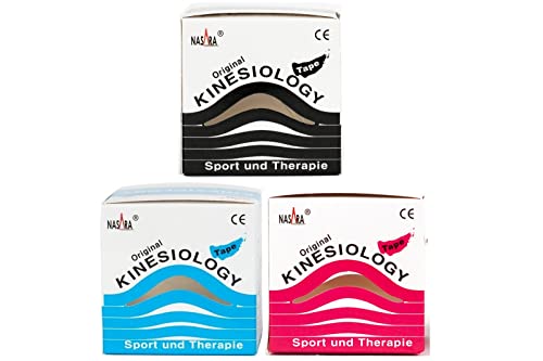 Nasara Original Kinesiologisches Physio Sport Tape: Sparset mit 3 Tapes in türkis, pink und schwarz für Sport und Medizin, Rollengröße 5cm x 5m von Nasara