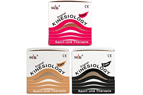 Original Nasara Kinesiologie Tape, 5cm x 5m, 3 Rollen 1x pink, 1x beige, 1x schwarz von Nasara
