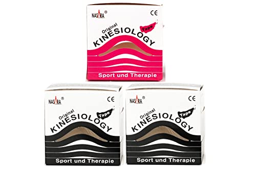 Nasara® Original Kinesiology Kinesiologie Tape 5cmx5m, 3 Rolls Set (2 Schwarz + 1 Pink) von Nasara