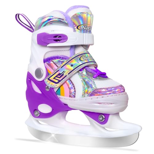 Nattork Mädchen Schlittschuhe für Kinder 4 Größen verstellbar Regenbogen Schlittschuh mit Fleecefutter für Outdoor & Rink (Violett,S) von Nattork