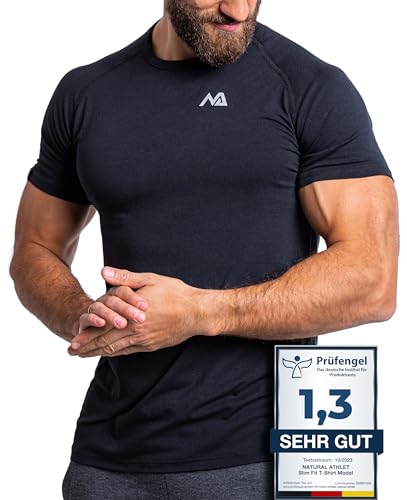 Herren Fitness T-Shirt modal - Männer Kurzarm Shirt für Gym & Training - Passform Slim-Fit, lang mit Rundhals, Schwarz, L von Natural Athlet
