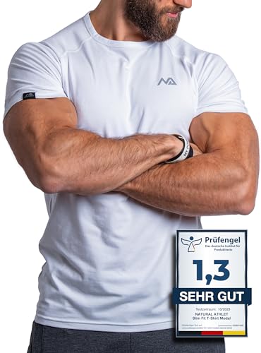 Herren Fitness T-Shirt modal - Männer Kurzarm Shirt für Gym & Training - Passform Slim-Fit, lang mit Rundhals, Weiß, M von Natural Athlet