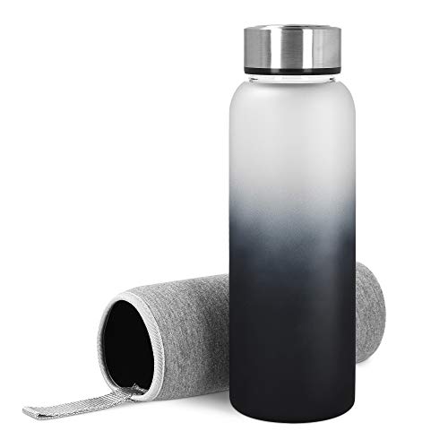 Navaris Glasflasche mit Neoprenhülle 950ml - Trinkflasche aus Borosilikatglas mit Neopren Hülle - Glas Flasche mit Edelstahl Deckel - Schwarz Grau von Navaris