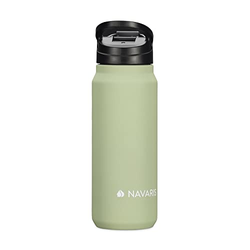 Navaris Trinkflasche 700ml Wasserflasche doppelwandig - Flasche aus Edelstahl und Kunststoff - Sport Fitness Schule Fahrrad - Sportflasche auslaufsicher - matt grün von Navaris