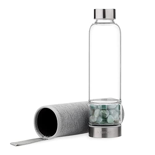 Navaris Wasserflasche mit Mineralstein und Neoprenhülle 420ml - Edelsteine Trinkflasche mit Hülle - Kristall Flasche Glasflasche Wasser Aventurin von Navaris