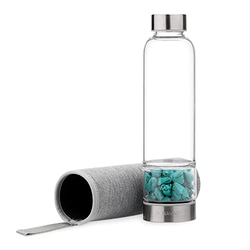 Navaris Wasserflasche mit Mineralstein und Neoprenhülle 420ml - Edelsteine Trinkflasche mit Hülle - Kristall Flasche Glasflasche Wasser - Türkis von Navaris